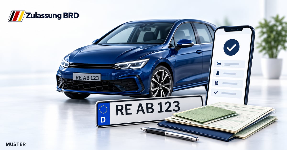 Online Fahrzeugzulassung in Waltrop: Musterkennzeichen RE AB 123, Auto und Fahrzeugpapiere und Smartphone. Illustration mit Logo von Zulassung BRD.